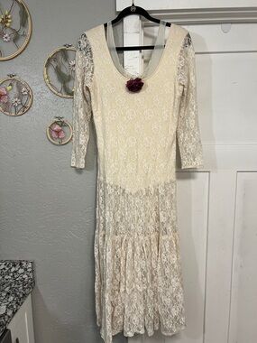 VINTAGE COTTAGE CORE FAIRY FESTIVAL 80’s LACE SHEER BOHO CREAM DRESS BUNDLE